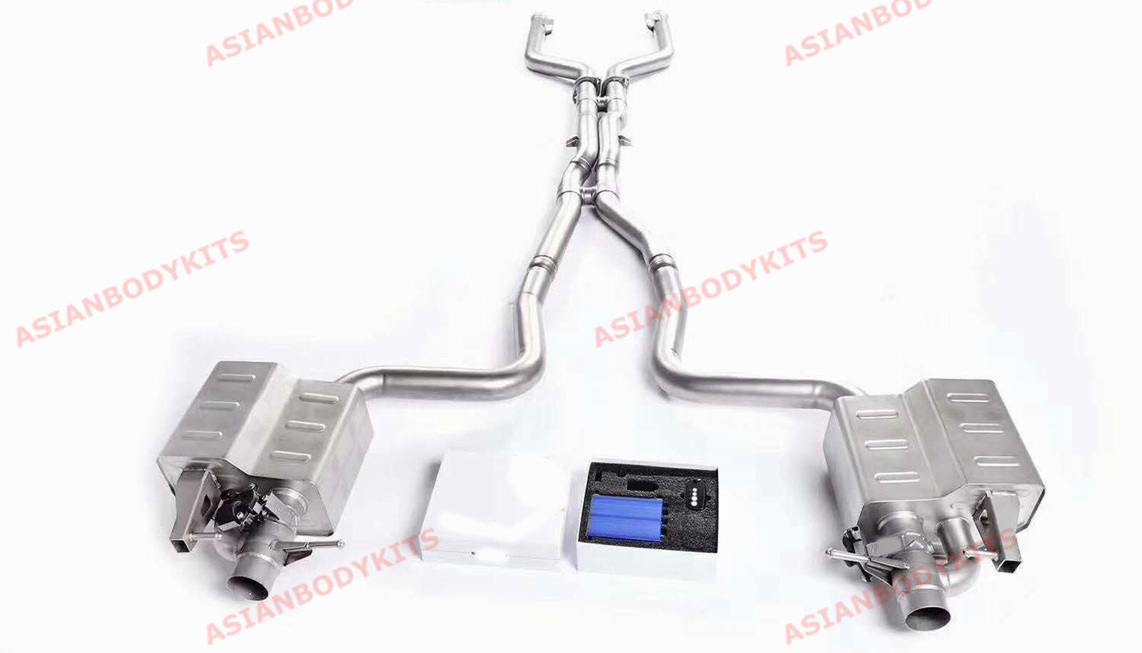 Mercedes Benz AMG W205 C205 C63 2015-2018 (Engine: 4.0T) Aggressive sporty sound VALVED EXHAUST CATBACK MUFFLER Set include: Center pipes Muffles with valves Valve control box with remote control (you may also reuse your factory exhaust valve motors) Factory exhaust tips must be reused Material: Stainless steel