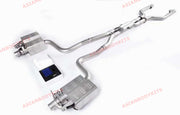 Mercedes Benz AMG W205 C205 C63 2015-2018 (Engine: 4.0T) Aggressive sporty sound VALVED EXHAUST CATBACK MUFFLER Set include: Center pipes Muffles with valves Valve control box with remote control (you may also reuse your factory exhaust valve motors) Factory exhaust tips must be reused Material: Stainless steel