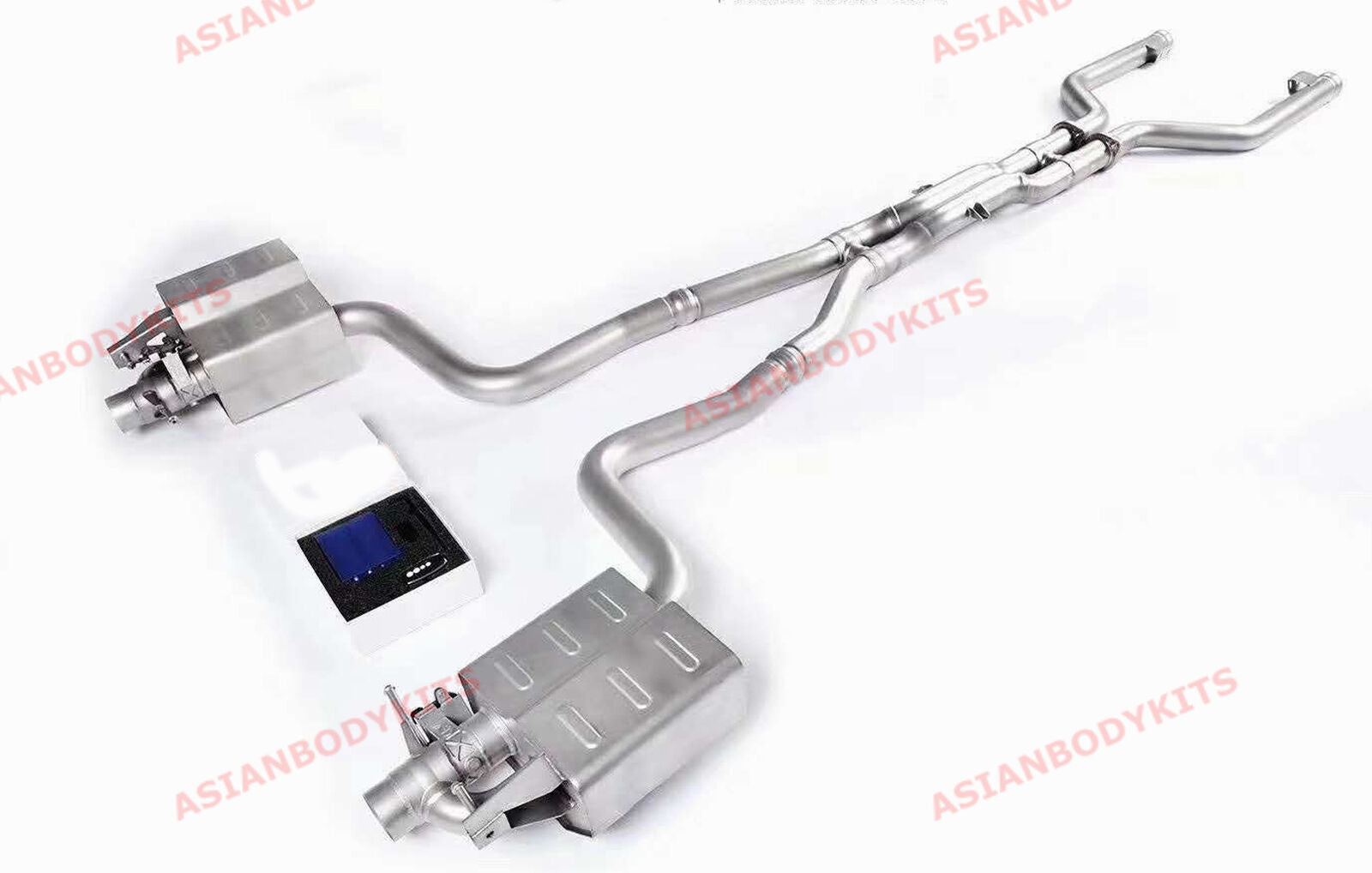 Mercedes Benz AMG W205 C205 C63 2015-2018 (Engine: 4.0T) Aggressive sporty sound VALVED EXHAUST CATBACK MUFFLER Set include: Center pipes Muffles with valves Valve control box with remote control (you may also reuse your factory exhaust valve motors) Factory exhaust tips must be reused Material: Stainless steel