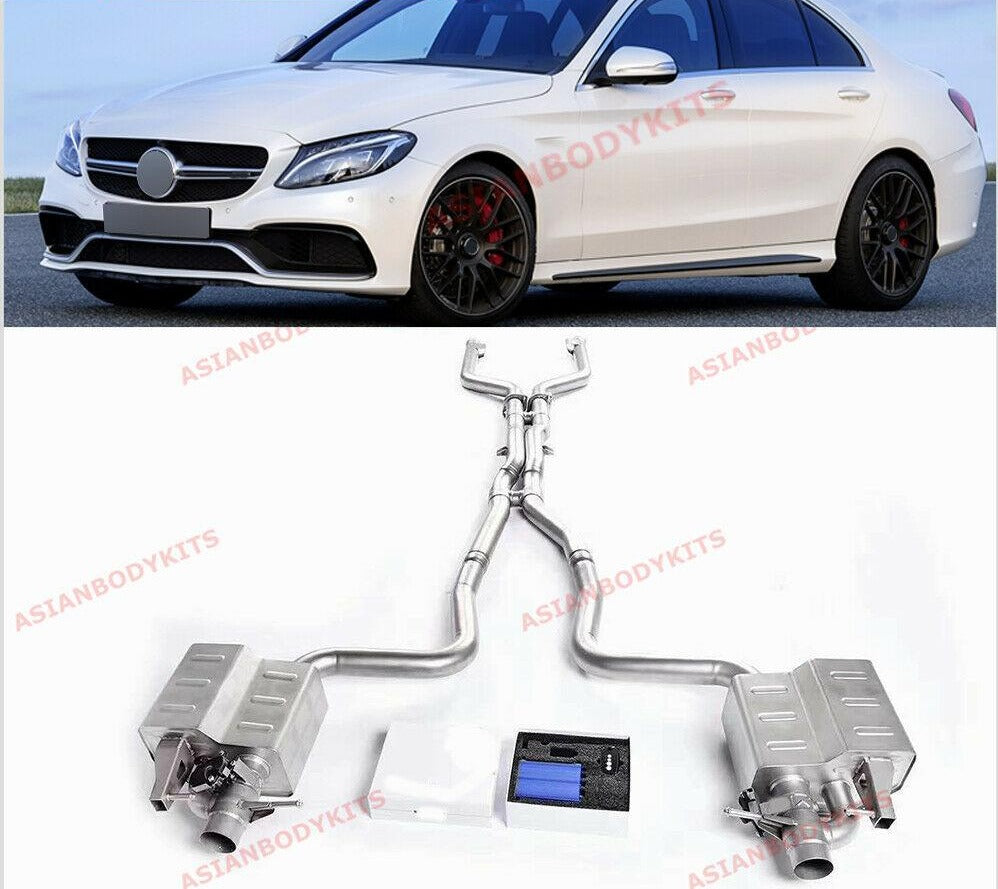 Mercedes Benz AMG W205 C205 C63 2015-2018 (Engine: 4.0T) Aggressive sporty sound VALVED EXHAUST CATBACK MUFFLER Set include: Center pipes Muffles with valves Valve control box with remote control (you may also reuse your factory exhaust valve motors) Factory exhaust tips must be reused Material: Stainless steel