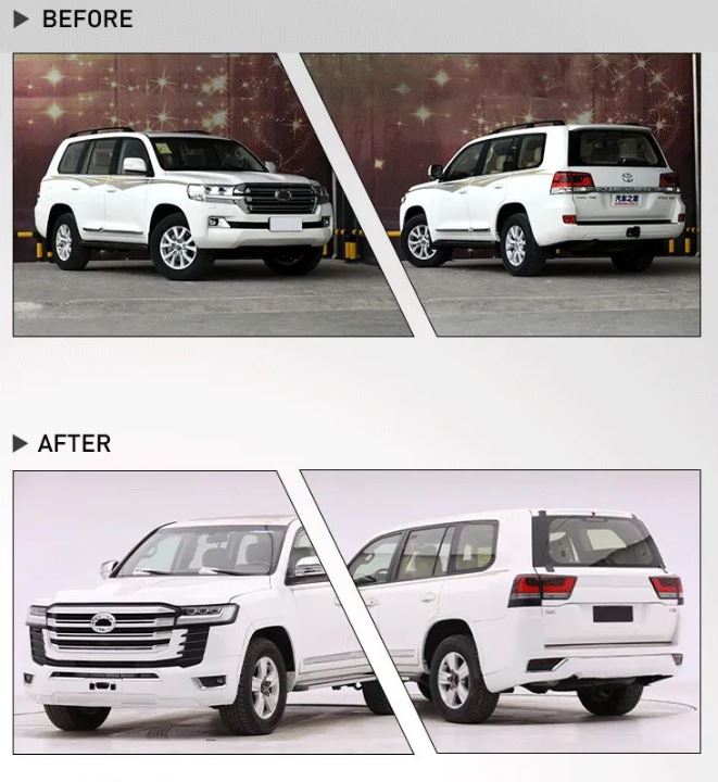 CONVERSION BODY KIT for TOYOTA LAND CRUISER 200 LC 200 to LAND CRUISER 300 LC 300
Set includes:
Front Bumper
Front Grille
Side Fenders
Rear Bumper
Material: Plastic + Stainless Steel
NOTE: Professional installation is required.
Contact us for pricing