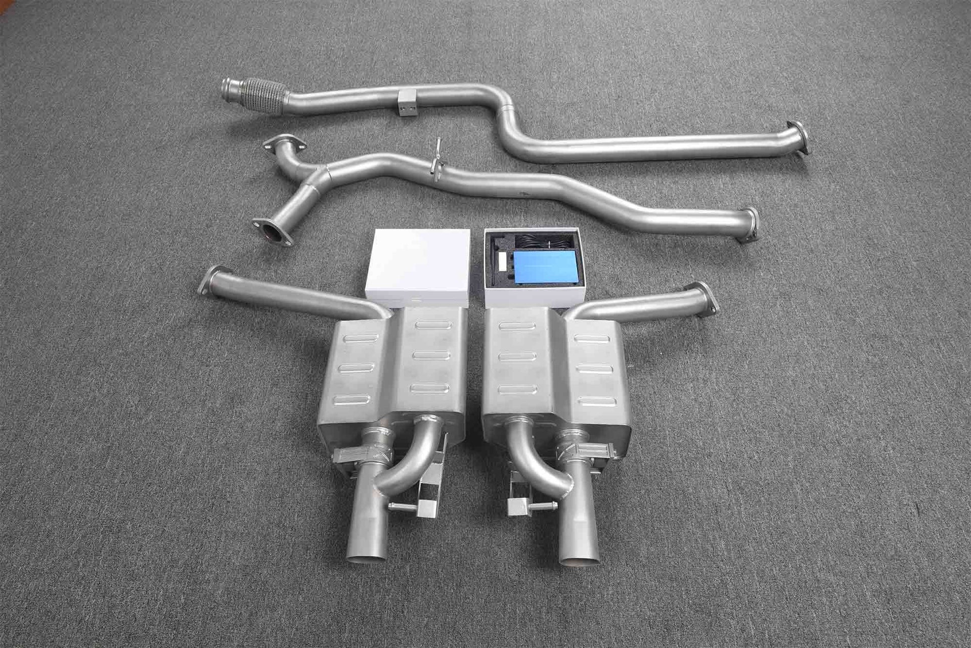 VALVED EXHAUST CATBACK MUFFLER for MERCEDES-BENZ E-CLASS W213 E200 E300 2.0T 2020+  Set includes:  Center pipe Muffles with valves Valve control box with remote control (you may also reuse your factory exhaust valve motors)