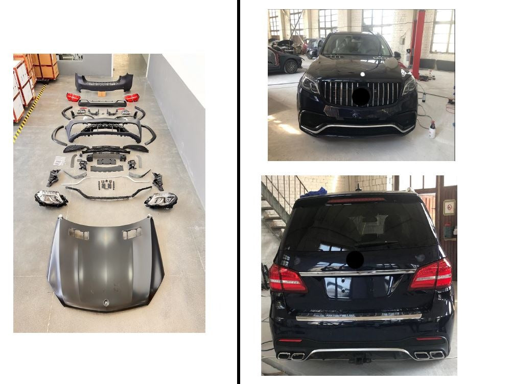 CONVERSION BODY KIT for MERCEDES-BENZ GL X166 2013 - 2016 to GLS63 AMG  Set includes:  Front Bumper Grille Fender Flares Rear Bumper Exhaust Tips Hood Headlights  Tail Lights