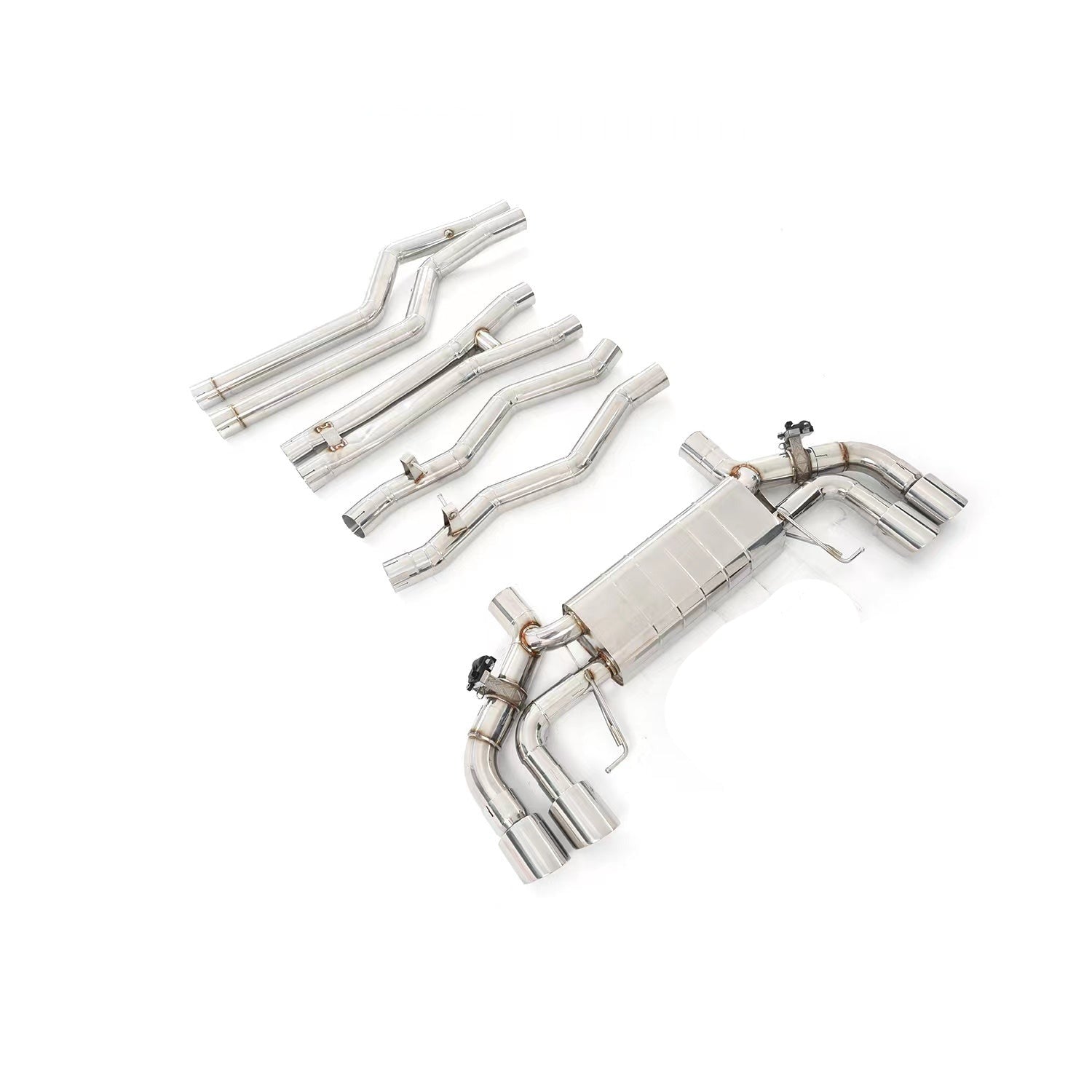 Aggressive Sporty Sound Valved Exhaust Catback Muffler For BMW M8 F93 Gran Coupe 2019+ 4.4L  Set include:  Center pipes Muffler with valves The valve control unit and remote controller Material: Stainless steel  Production time: 10 days  NOTE: Professional installation is required.