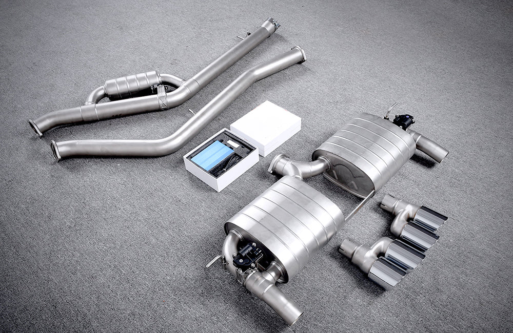 Aggressive sporty sound VALVED EXHAUST CATBACK MUFFLER  Center Pipes, Muffler with valves, a Valve control box with remote control, pair of mufflers, muffler, pair of mufflers with valves.  Stainless steel and titanium Aftermarket Performance Exhaust System for BMW F85 X5M