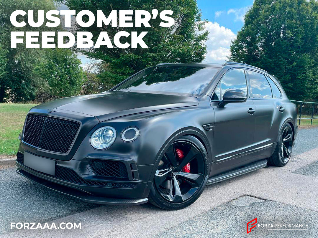 DRY CARBON BODY KIT for BENTLEY BENTAYGA 2015 - 2020  Set includes:  Front Lip Front Bumper Trims Side Mirror Covers Side Vents Cover  Side Skirts Roof Spoiler Rear Spoiler Rear Diffuser Material: Dry Carbon   Note: Professional installation is required.
