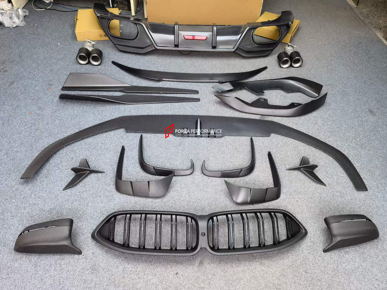 CARBON BODY KIT for BMW 8 SERIES G16 2019+  Set includes:  Front Grille Front Lip Front Canards Rear Spoiler Rear Diffuser Exhaust Tips Side Mirrors Covers