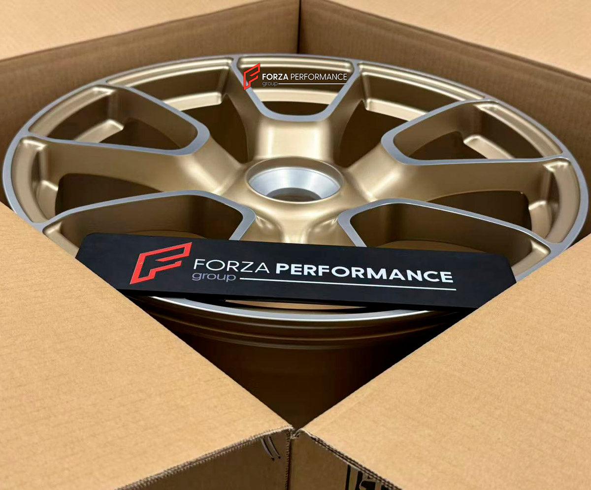We manufacture premium quality forged wheels rims for Porsche 911 992.1 TURBO S 2019 - 2025 in any design, size, color.

WHEEL SIZE:

Front: 20 x 9.5 ET 44
Rear: 21 x 12 ET 70
PCD: 5 x 130
CB: 71.6
Finish: Satin Gold with Machinied Face
Material: 6061-T6 Forged Aluminum

THIS WHEEL DESIGN CAN BE CUSTOM-MADE FOR YOUR CAR IN ANY SIZE AND COLOR OPTIONS
Available in monoblock, 2-piece, 3-piece, duoblock, beadlock
3D wheel renderings are provided according to the exact dimensions and specifications requested by 