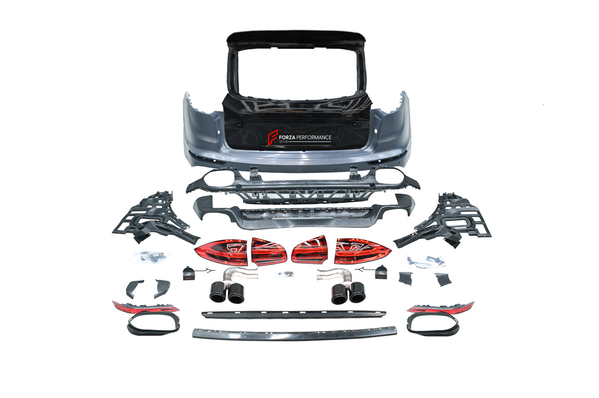 CONVERSION REAR SIDE for PORSCHE CAYENNE 958.1 UPGRADE TO 958.2

Set includes:

Rear Trunk
Rear Tail Lights
Rear Bumper

Rear Diffuser
Exhaust Tips

Material: Plastic PP + Aluminium

NOTE: Professional installation is required. Factory LED DRL must be reused

CONTACT US FOR PRICING

Payment ►
Visa

Mastercard

PayPal with a credit card (add 4.4% at checkout)
Payoneer
Cryptocurrency
Shipment ►
By express DHL/UPS/TNT/FedEx
To the local international airport
Special line by air
Special line by the sea
To Europ