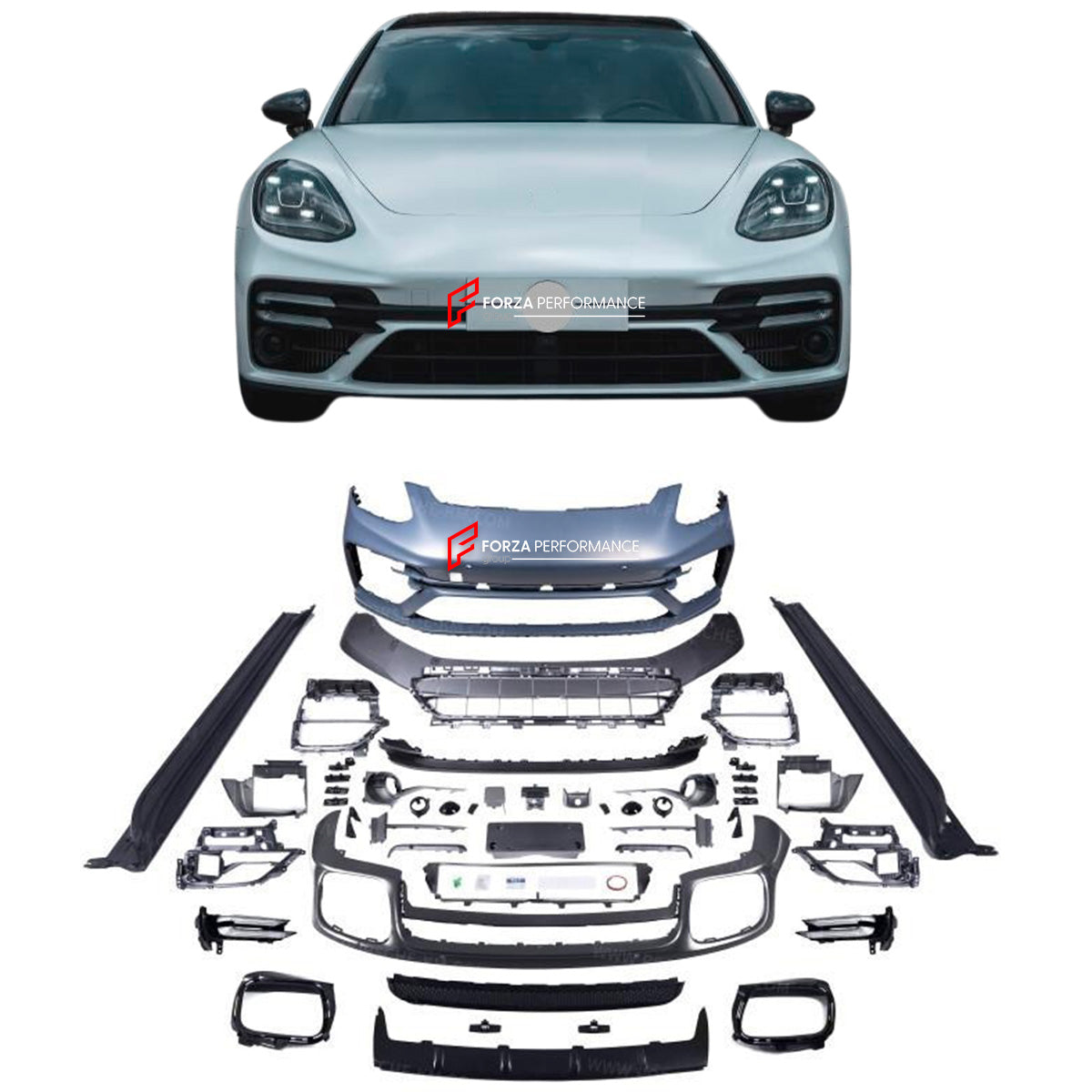 BODY KIT for PORSCHE PANAMERA 971 2017-2023 UPGRADE to 971.2 TURBO S STYLE

Set includes:

Front Bumper
Side Skirts
Front Lip
Rear Bumper
Rear Diffuser

Material: Plastic

NOTE: Professional installation is required.