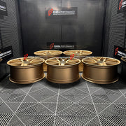 We manufactured premium quality forged wheels rims for our client's Porsche Cayenne GTS 2026+ with the following specifications:

WHEEL SIZE:

Front: 22 x 10 ET 48
Rear: 22 x 11.5 ET 61
PCD: 5 x 130
CB: 71.6
Weight: Front: 14.00 kg (30.86 lbs) Rear: 14.25 kg (31.41 lbs)
Finish: Satin Gold
Material: 6061-T6 Forged Aluminum
THIS WHEEL DESIGN CAN BE CUSTOM-MADE FOR YOUR CAR IN ANY SIZE AND COLOR OPTIONS
Available in monoblock, 2-piece, 3-piece, duoblock, beadlock
3D wheel renderings are provided according to t