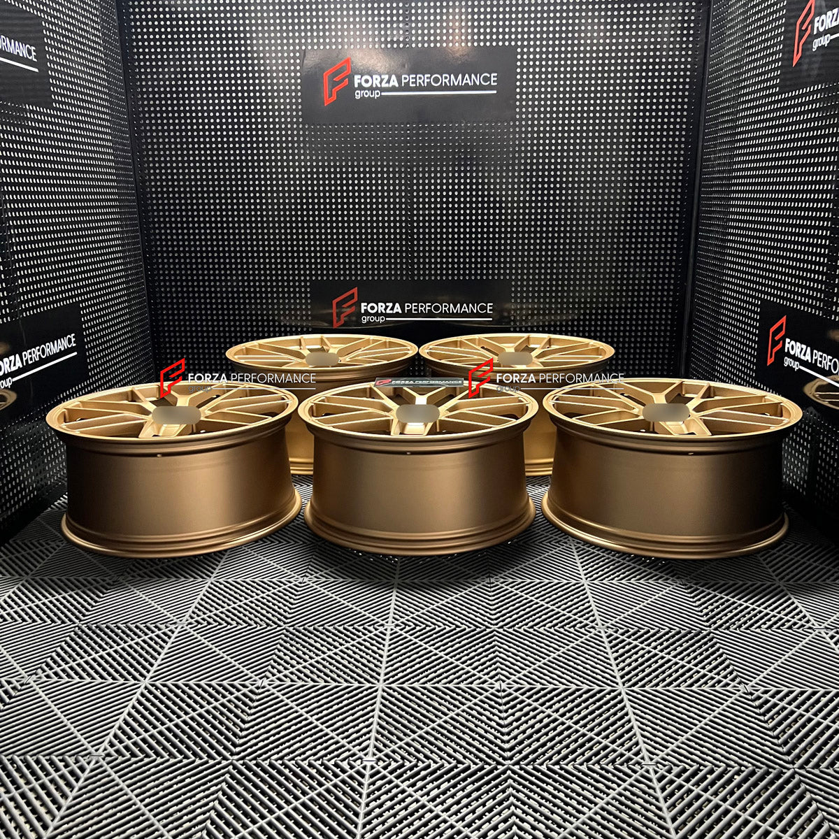 We manufactured premium quality forged wheels rims for our client's Porsche Cayenne GTS 2026+ with the following specifications:

WHEEL SIZE:

Front: 22 x 10 ET 48
Rear: 22 x 11.5 ET 61
PCD: 5 x 130
CB: 71.6
Weight: Front: 14.00 kg (30.86 lbs) Rear: 14.25 kg (31.41 lbs)
Finish: Satin Gold
Material: 6061-T6 Forged Aluminum
THIS WHEEL DESIGN CAN BE CUSTOM-MADE FOR YOUR CAR IN ANY SIZE AND COLOR OPTIONS
Available in monoblock, 2-piece, 3-piece, duoblock, beadlock
3D wheel renderings are provided according to t