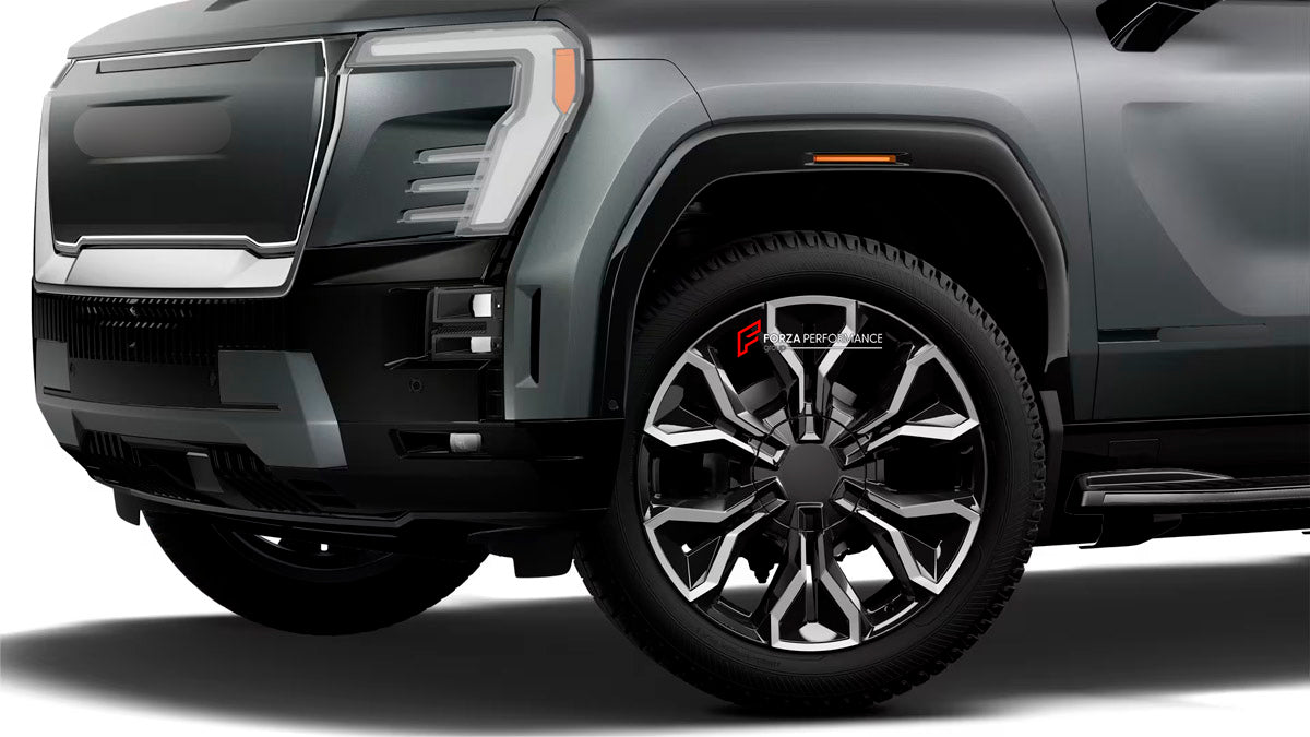 We manufacture premium quality forged wheels rims for GMC Sierra EV Denali 2023+ in any design, size, color.

WHEEL SIZE:

Front: 24 x 9 ET 35
Rear: 24 x 9 ET 35
PCD: 8 x 165.1
CB: 116.7
Finish: High Gloss Black
Material: 6061-T6 Forged Aluminum
THIS WHEEL DESIGN CAN BE CUSTOM-MADE FOR YOUR CAR IN ANY SIZE AND COLOR OPTIONS
Available in monoblock, 2-piece, 3-piece, duoblock, beadlock
3D wheel renderings are provided according to the exact dimensions and specifications requested by the client, ensuring prope