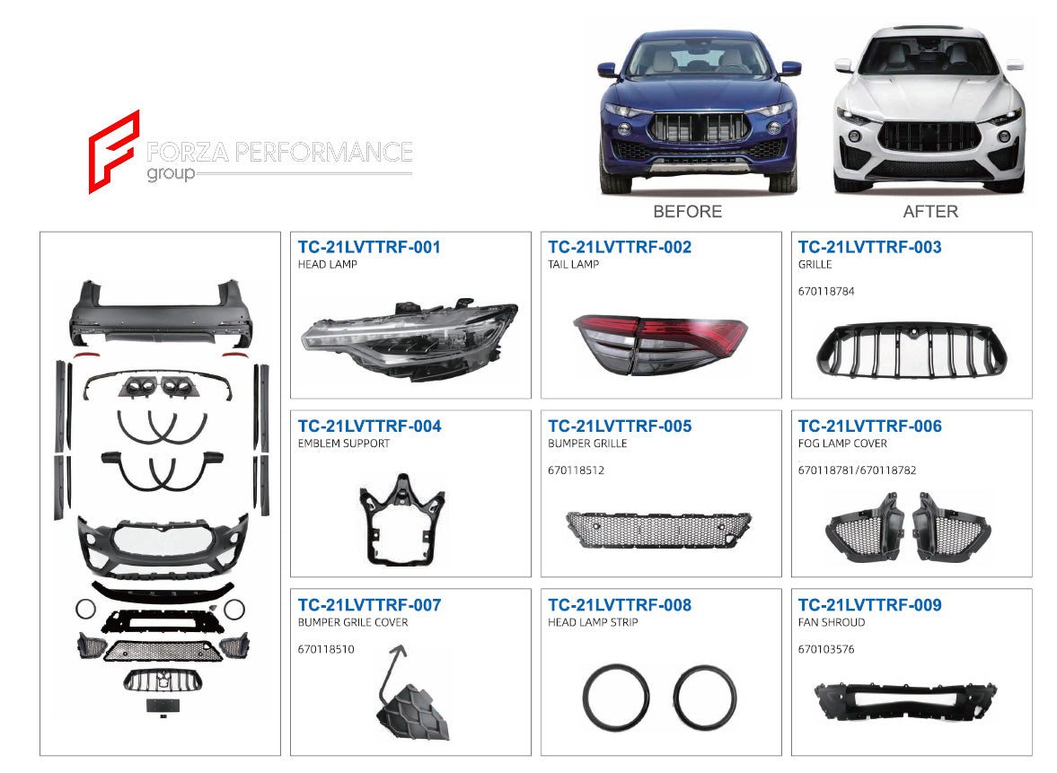 CONVERSION BODY KIT for MASERATI LEVANTE M161 2016-2021 upgrade to 2021+ M161 FACELIFT

Set includes:

Front Lip
Front Bumper Assembly
Fender Flares
Side Skirts
Rear Bumper
Rear Diffuser
Exhaust Tips

Material: Plastic

NOTE: Professional installation is required