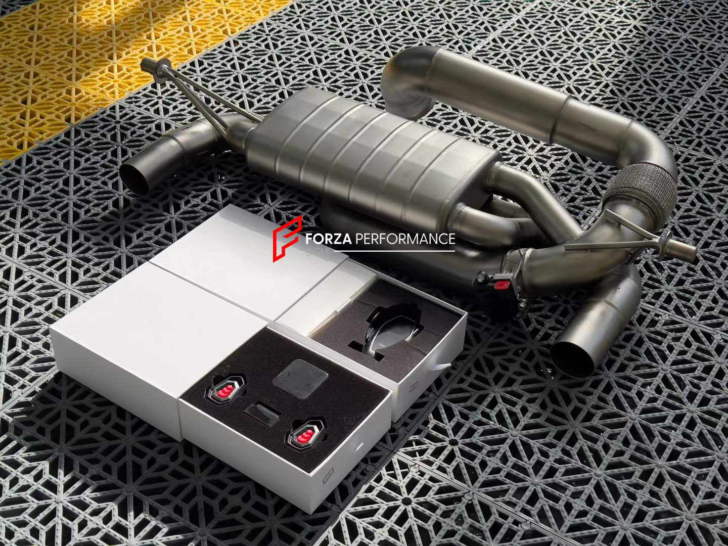 VALVED EXHAUST CATBACK MUFFLER for LOTUS EMIRA 3.5T  Set includes:  Center Pipes Mufflers with valves Exhaust tips