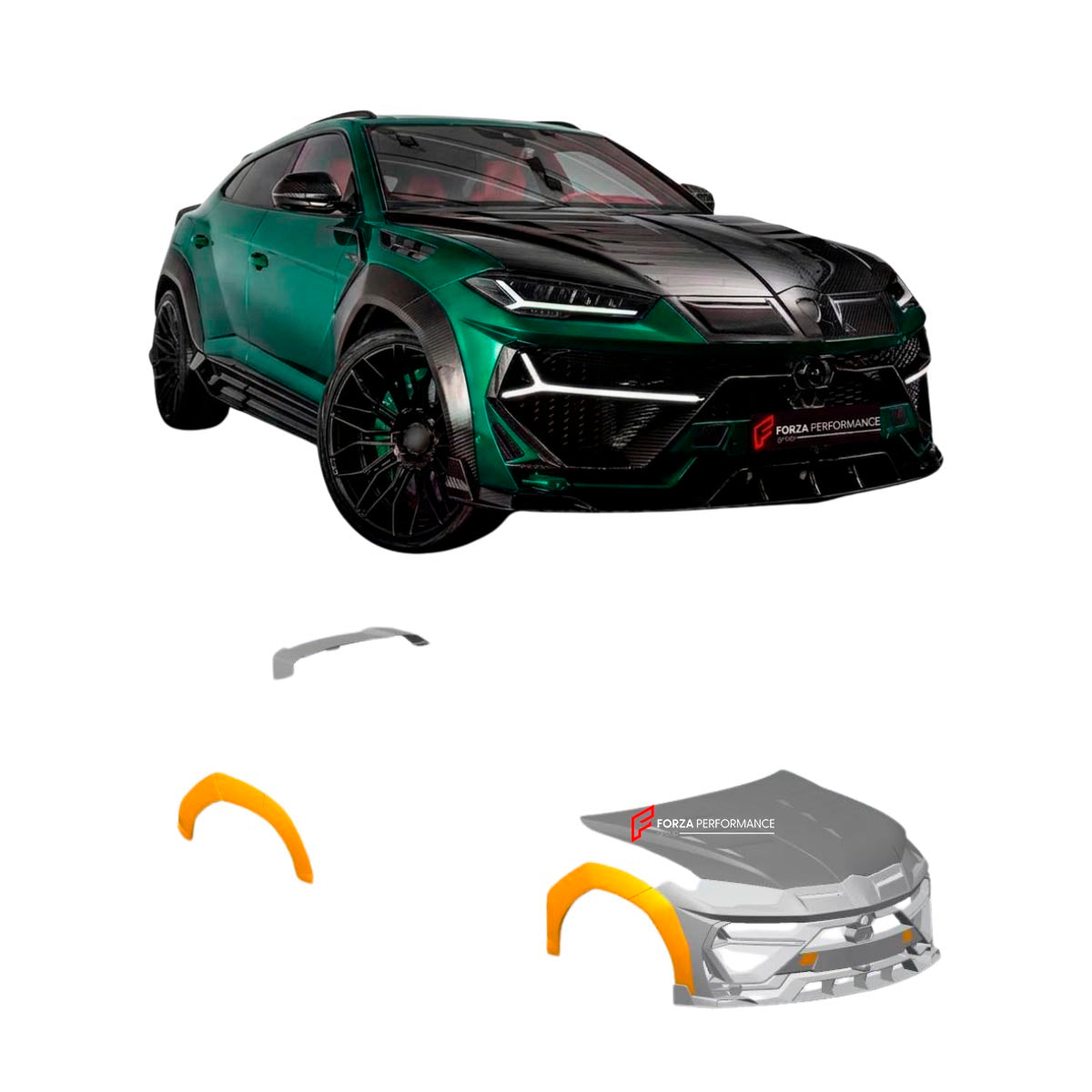DRY CARBON WIDE BODY KIT for LAMBORGHINI URUS 2018 - 2025
Set includes:

Front Lip
Front Bumper
Hood Bonnet
Front Fender Flares
Rear Fender Flares
Roof Spoiler
Material: Dry Carbon

NOTE: Professional installation is required.