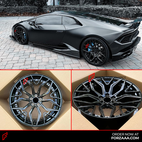We produced premium quality forged wheels rims for LAMBORGHINI HURACAN Our wheels sizes: Front 20 x 9 ET 30 Rear 21 x 12 ET 35 Finishing: Brushed Black Forged wheels can be produced in any wheel specs by your inquiries and we can provide our specs