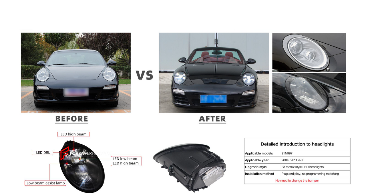 REPLACEMENT HEADLIGHTS FOR PORSCHE 911 997.1 997.2 2004-2011 UPGRADE TO 992 STYLE