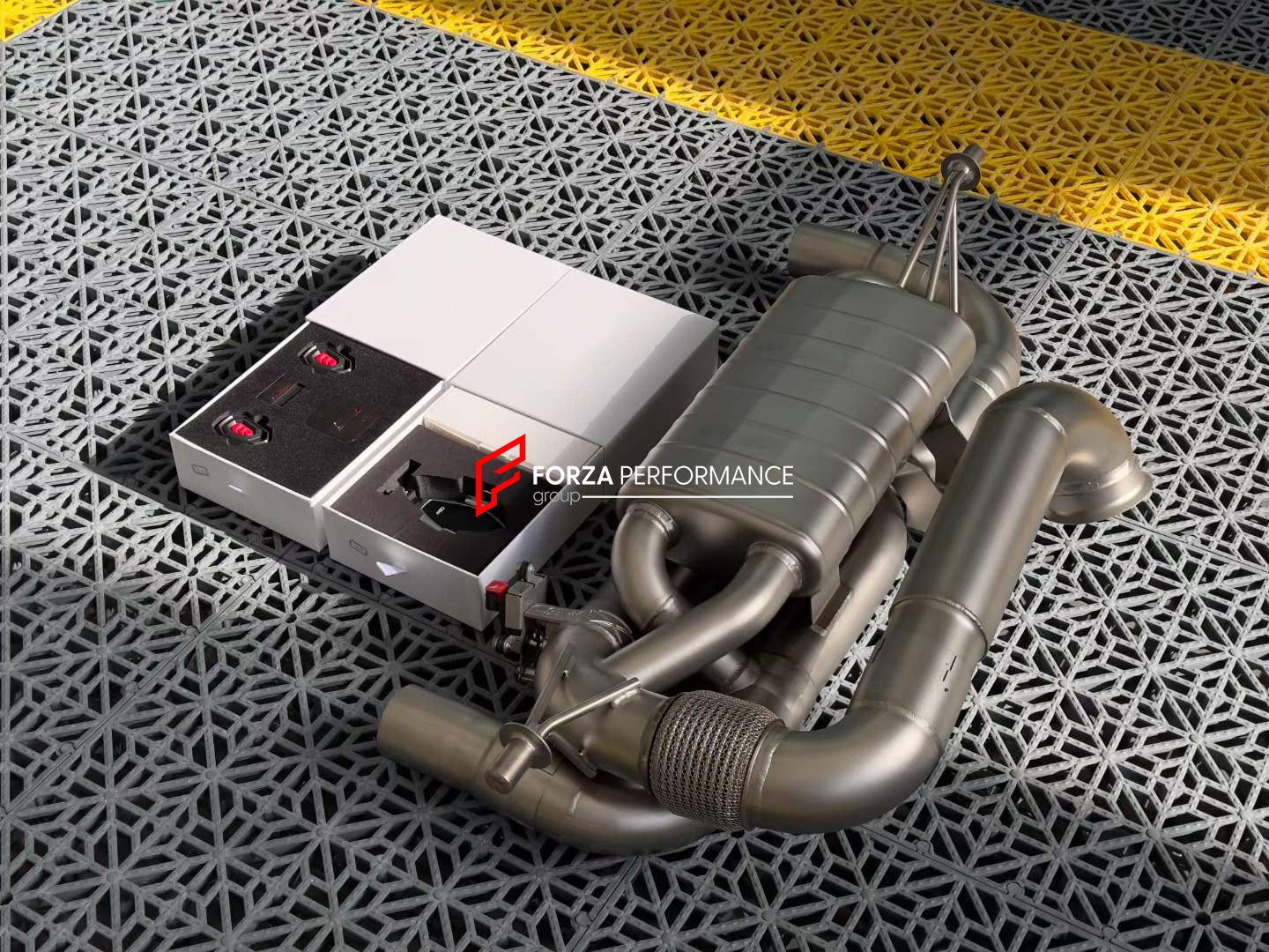 VALVED EXHAUST CATBACK MUFFLER for LOTUS EMIRA 3.5T  Set includes:  Center Pipes Mufflers with valves Exhaust tips