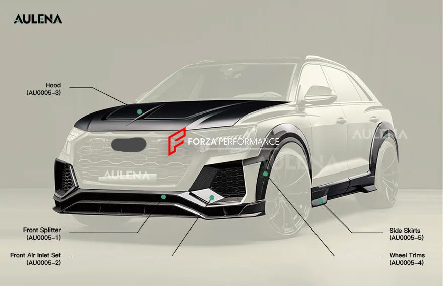 AUTHENTIC AULENA DRY CARBON WIDE BODY KIT for AUDI RSQ8 4M 2020+  Set includes:  Front Lip Front Air Vent Cover Hood/Bonnet Side Skirts Side Fenders Carbon Add-ons Trunk Wing Spoiler Rear Diffuser