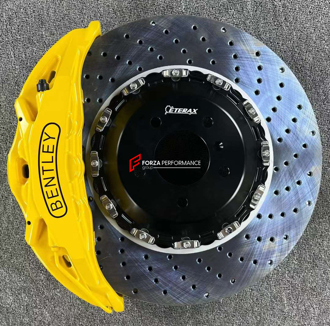 In the photos above you can see an installed Forza Performance Group set of large front brakes for the BENTLEY BENTAYGA PL71 FACELIFT 2020&nbsp;with 440x40mm / 400x38mm brake discs by 22-inch brake calipers.  Current set includes:  4x Brake calipers (10-piston front, 4-piston rear) 2x Front Brake discs 440x40mm  2x Rear Brake discs 400x38mm 4x Brake caliper adapters 4x Brake Pads  4x Brake hoses and installation kits with nipples