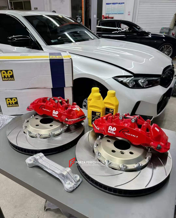 In the photos above you can see an installed&nbsp;Forza Performance Group set of large front brakes for the BMW 3 SERIES G20 325i LCI 2022&nbsp;with 380x36mm&nbsp;brake discs by 19-inch brake rotors.  Current set includes:  2x Brake calipers AP9562 2x Brake discs 380x36mm 2x Brake caliper adapters 4x Brake Pads  2x Brake hoses and installation kits with nipples