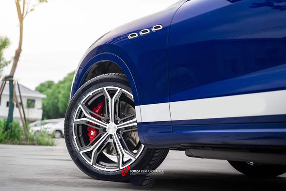 In the photos above you can see an installed Forza Performance Group set of large brakes for the MASERATI LEVANTE M161 2016 with 390x36mm / 380x28mm brake discs by 19-inch brake rotors.  Current set includes:  2x Brake calipers AP8521 / AP8560 2x Brake discs 390x36mm (front) / 380x28mm (rear)  2x Brake caliper adapters 4x Brake Pads  2x Brake hoses and installation kits with nipples