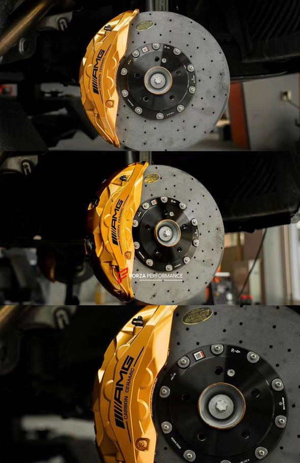 In the photos above you can see an installed Forza Performance Group set of large front brakes for the MERCEDES-BENZ G-CLASS G63 W463A 2018 with 440x40mm / 410x38mm brake discs by 22-inch brake calipers.  Material: Carbon Ceramic  Current set includes:  4x Brake calipers (10-piston front, 4-piston rear) 2x Front Brake discs 440x40mm  2x Rear Brake discs 410x38mm 4x Brake caliper adapters 4x Brake Pads  4x Brake hoses and installation kits with nipples