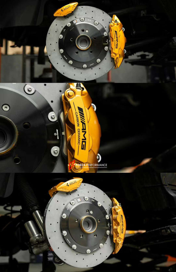 In the photos above you can see an installed Forza Performance Group set of large front brakes for the MERCEDES-BENZ G-CLASS G63 W463A 2018 with 440x40mm / 410x38mm brake discs by 22-inch brake calipers.  Material: Carbon Ceramic  Current set includes:  4x Brake calipers (10-piston front, 4-piston rear) 2x Front Brake discs 440x40mm  2x Rear Brake discs 410x38mm 4x Brake caliper adapters 4x Brake Pads  4x Brake hoses and installation kits with nipples