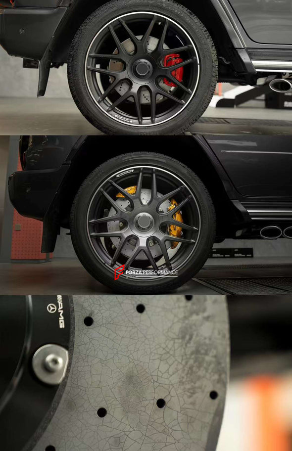 In the photos above you can see an installed Forza Performance Group set of large front brakes for the MERCEDES-BENZ G-CLASS G63 W463A 2018 with 440x40mm / 410x38mm brake discs by 22-inch brake calipers.  Material: Carbon Ceramic  Current set includes:  4x Brake calipers (10-piston front, 4-piston rear) 2x Front Brake discs 440x40mm  2x Rear Brake discs 410x38mm 4x Brake caliper adapters 4x Brake Pads  4x Brake hoses and installation kits with nipples