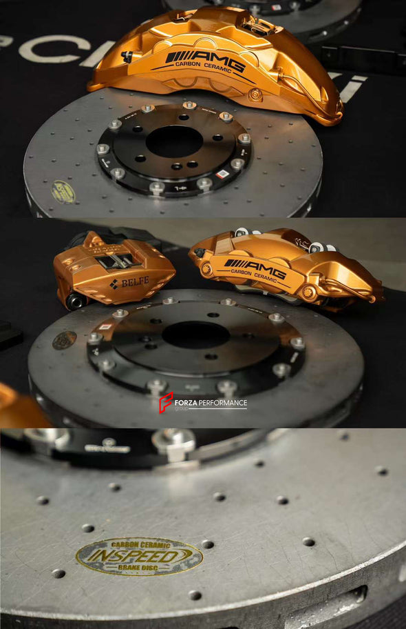 In the photos above you can see an installed Forza Performance Group set of large front brakes for the MERCEDES-BENZ G-CLASS G63 W463A 2018 with 440x40mm / 410x38mm brake discs by 22-inch brake calipers.  Material: Carbon Ceramic  Current set includes:  4x Brake calipers (10-piston front, 4-piston rear) 2x Front Brake discs 440x40mm  2x Rear Brake discs 410x38mm 4x Brake caliper adapters 4x Brake Pads  4x Brake hoses and installation kits with nipples