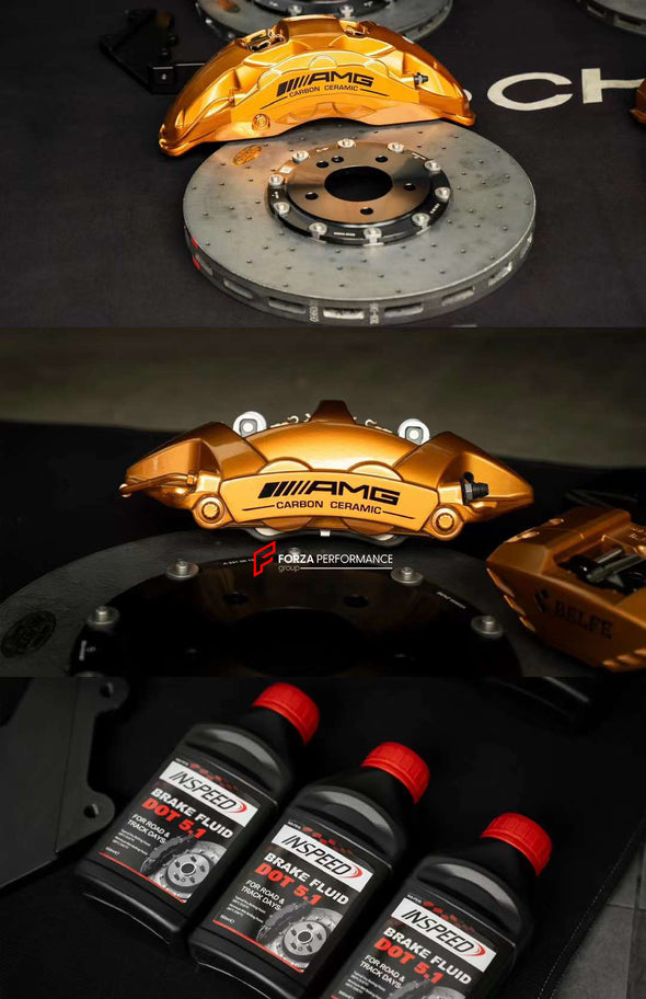 In the photos above you can see an installed Forza Performance Group set of large front brakes for the MERCEDES-BENZ G-CLASS G63 W463A 2018 with 440x40mm / 410x38mm brake discs by 22-inch brake calipers.  Material: Carbon Ceramic  Current set includes:  4x Brake calipers (10-piston front, 4-piston rear) 2x Front Brake discs 440x40mm  2x Rear Brake discs 410x38mm 4x Brake caliper adapters 4x Brake Pads  4x Brake hoses and installation kits with nipples