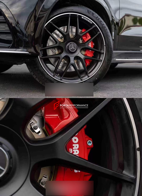 In the photos above you can see an installed&nbsp;Forza Performance Group set of large front brakes for the MERCEDES-BENZ GLE 53 AMG X167 FACELIFT 2023&nbsp;with 410x36mm / 380x28mm&nbsp;brake discs by 22-inch brake rotors.  Current set includes:  2x Front Brake calipers AP9570 2x Rear Brake calipers AP9582 2x Front Brake discs 410x36mm 2x Rear Brake discs 380x28mm 4x Brake caliper adapters 4x Brake Pads  4x Brake hoses and installation kits with nipples