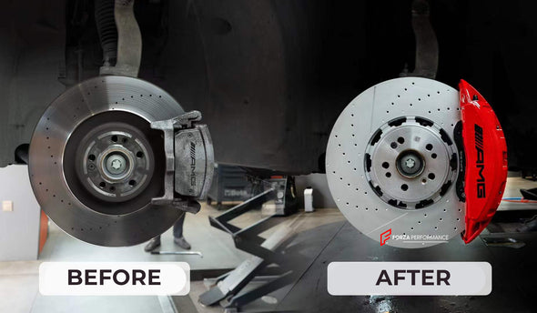 In the photos above you can see an installed Forza Performance Group set of large front brakes for the MERCEDES-BENZ GLE 53 W167 2018 with 400x38mm brake discs by 20-inch brake rotors.  Current set includes:  2x Brake calipers AMG 2x Brake discs 400x38mm  2x Brake caliper adapters 4x Brake Pads  2x Brake hoses and installation kits with nipples