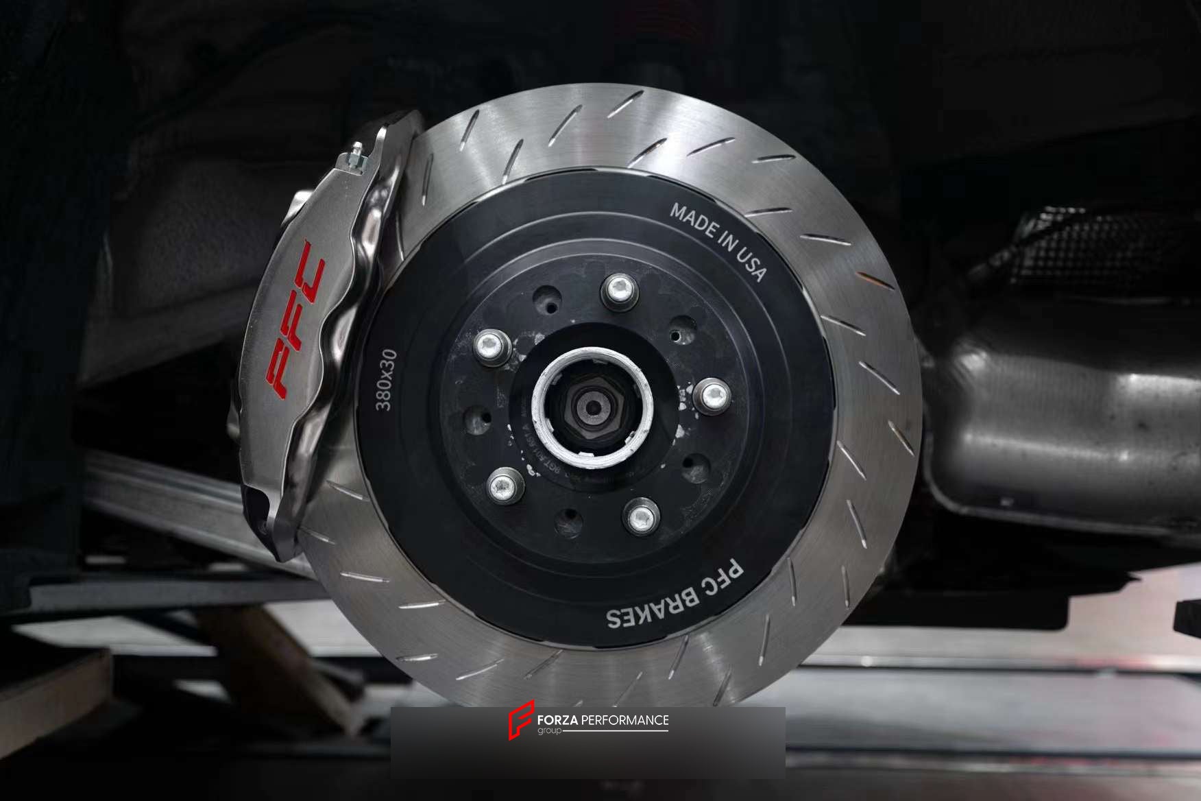 In the photos above you can see an installed Forza Performance Group set of large front brakes for the PORSCHE 911 992 GT3 with 380x34mm / 380x30mm brake discs by 20-inch brake rotors.  Current set includes:  4x Brake calipers 2x Front Brake discs&nbsp;380x34mm  2x Rear Brake discs 380x30mm 4x Brake caliper adapters 4x Brake Pads  4x Brake hoses and installation kits with nipples