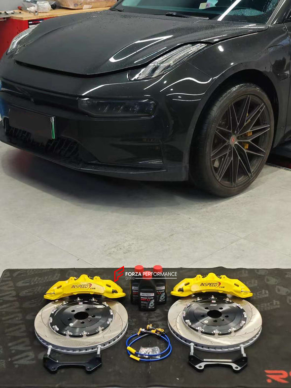 In the photos above you can see an installed&nbsp;Forza Performance Group set of large front brakes for the ZEEKR 001&nbsp;with 390x36mm&nbsp;brake discs by 21-inch brake rotors.  Current set includes:  2x Brake calipers AP9560 2x Brake discs 390x36mm 2x Brake caliper adapters 4x Brake Pads  2x Brake hoses and installation kits with nipples