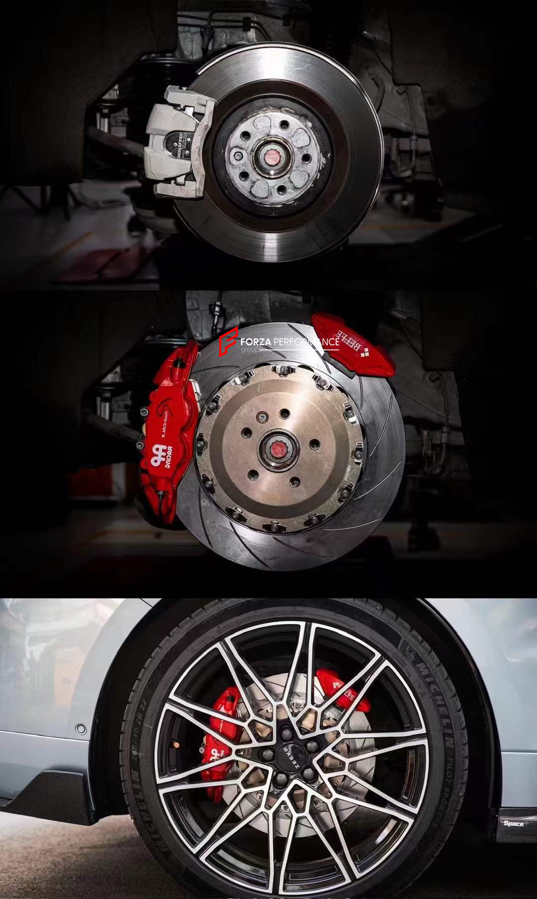In the photos above you can see an installed&nbsp;Forza Performance Group set of large front brakes for the ZEEKR 001&nbsp;with 410x36mm / 380x28mm&nbsp;brake discs by 22-inch brake rotors.  Current set includes:  2x Front Brake calipers AP9571 2x Rear Brake calipers AP9541 2x Front Brake discs 410x36mm 2x Rear Brake discs 380x28mm 4x Brake caliper adapters 4x Brake Pads  4x Brake hoses and installation kits with nipples