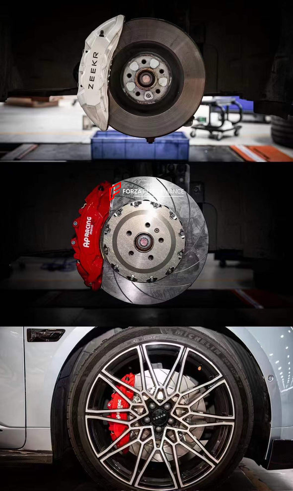 In the photos above you can see an installed&nbsp;Forza Performance Group set of large front brakes for the ZEEKR 001&nbsp;with 410x36mm / 380x28mm&nbsp;brake discs by 22-inch brake rotors.  Current set includes:  2x Front Brake calipers AP9571 2x Rear Brake calipers AP9541 2x Front Brake discs 410x36mm 2x Rear Brake discs 380x28mm 4x Brake caliper adapters 4x Brake Pads  4x Brake hoses and installation kits with nipples