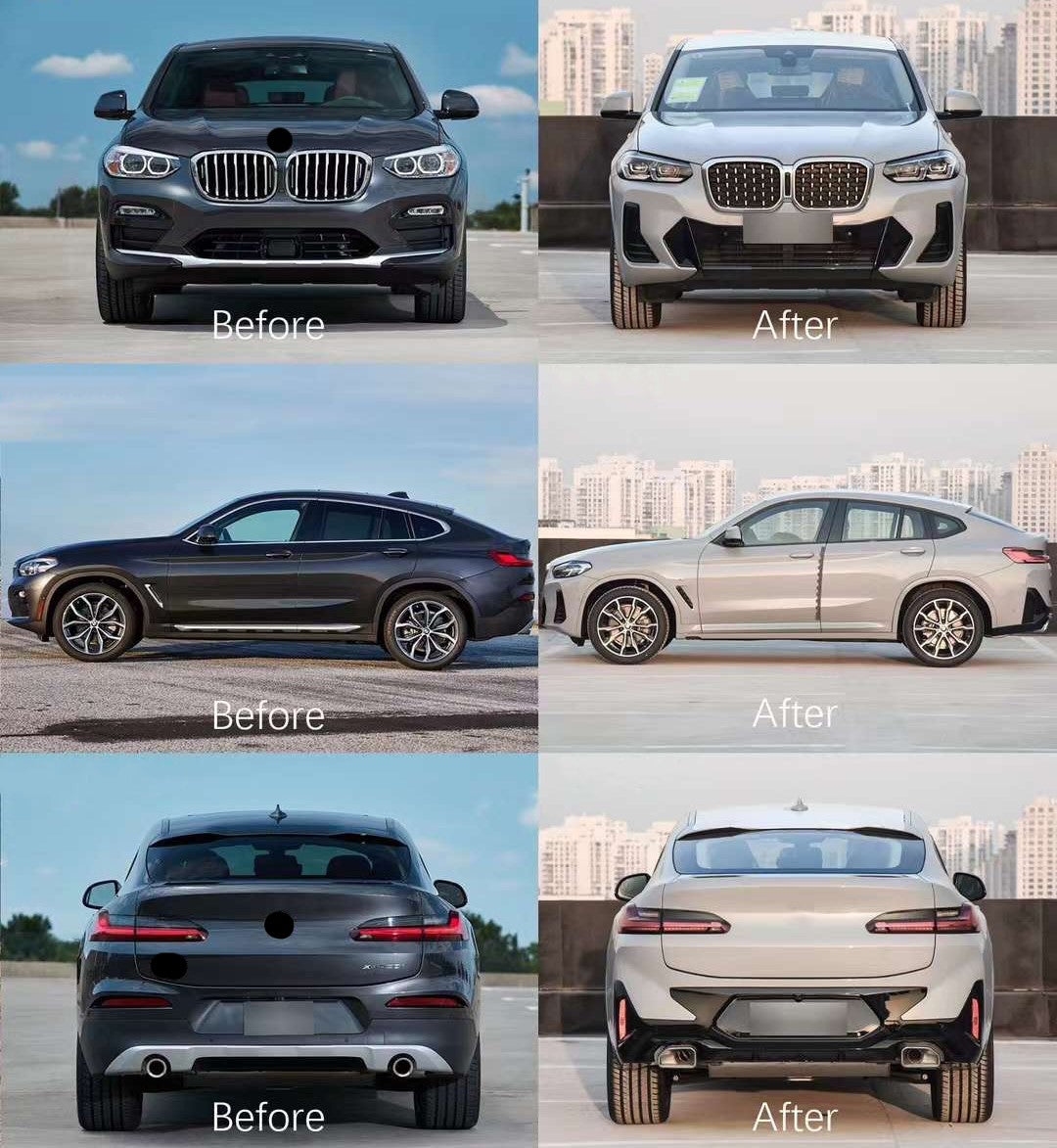 CONVERSION BODY KIT for BMW X4 G02 UPGRADE to X4 G02 LCI M-TECH FACELIFT

Set includes:

Headlights
Front Bumper Assembly
Front Grille
Front Lights
Rear Bumper Assembly
Rear Diffuser

Material: Plastic PP

Note: Professional installation is required
