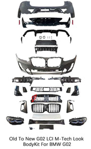 CONVERSION BODY KIT for BMW X4 G02 UPGRADE to X4 G02 LCI M-TECH FACELIFT

Set includes:

Headlights
Front Bumper Assembly
Front Grille
Front Lights
Rear Bumper Assembly
Rear Diffuser

Material: Plastic PP

Note: Professional installation is required