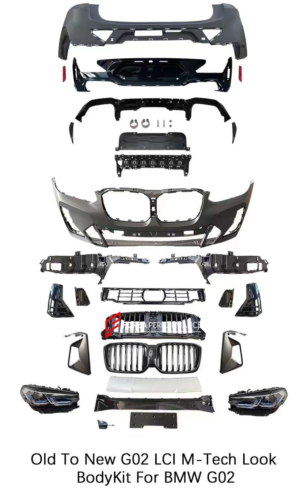 CONVERSION BODY KIT for BMW X4 G02 UPGRADE to X4 G02 LCI M-TECH FACELIFT

Set includes:

Headlights
Front Bumper Assembly
Front Grille
Front Lights
Rear Bumper Assembly
Rear Diffuser

Material: Plastic PP

Note: Professional installation is required