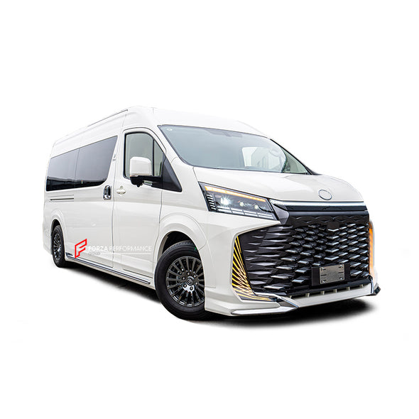 BODY KIT for TOYOTA HIACE 2023+    Set includes:  Front Bumper Grille Hood Headlights Fender Flares Side Skirts Roof Spoiler Tail Lights Rear Bumper Rear Diffuser Exhaust Tips