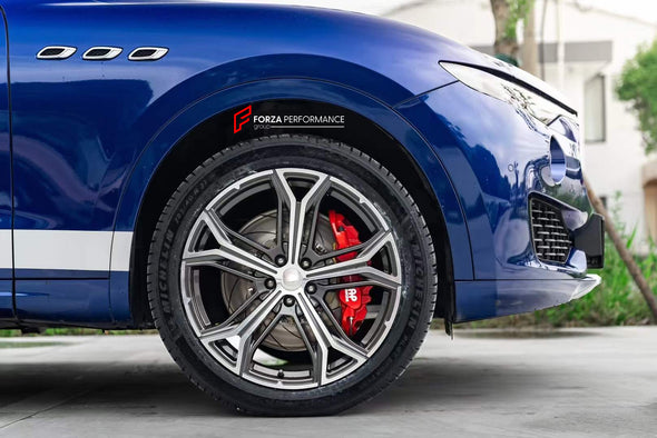 In the photos above you can see an installed Forza Performance Group set of large brakes for the MASERATI LEVANTE M161 2016 with 390x36mm / 380x28mm brake discs by 19-inch brake rotors.  Current set includes:  2x Brake calipers AP8521 / AP8560 2x Brake discs 390x36mm (front) / 380x28mm (rear)  2x Brake caliper adapters 4x Brake Pads  2x Brake hoses and installation kits with nipples