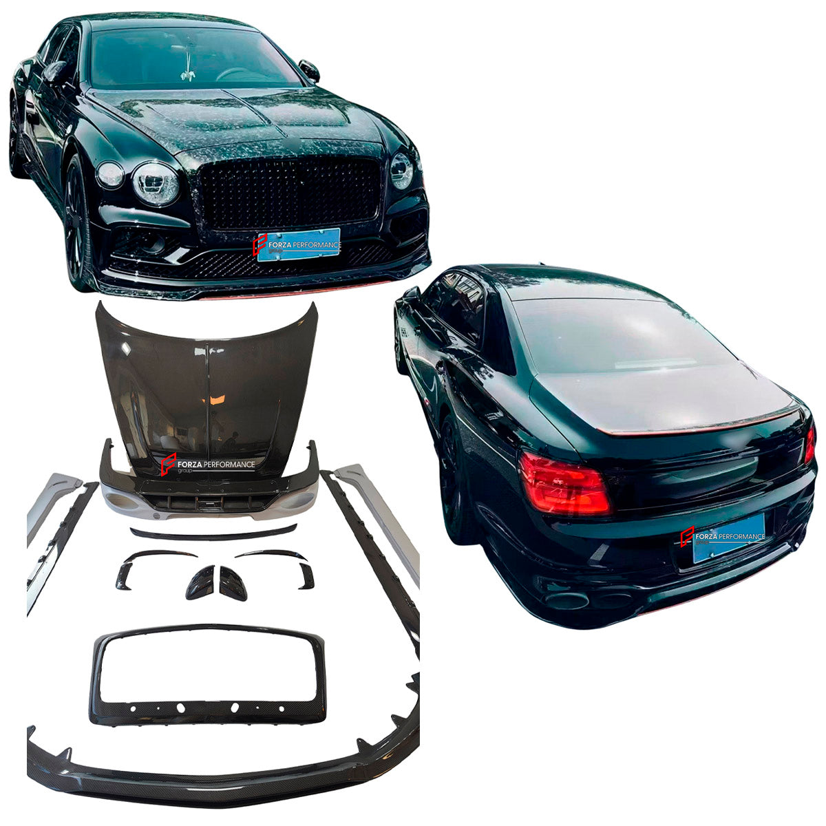 CARBON BODY KIT for BENTLEY FLYING SPUR 2020+

Set includes:
Hood Bonnet
Front Grille Frame
Front Lip
Side Skirts
Rear Diffuser
Side Mirror Covers
Material: Carbon Fiber

Note: Professional installation is required