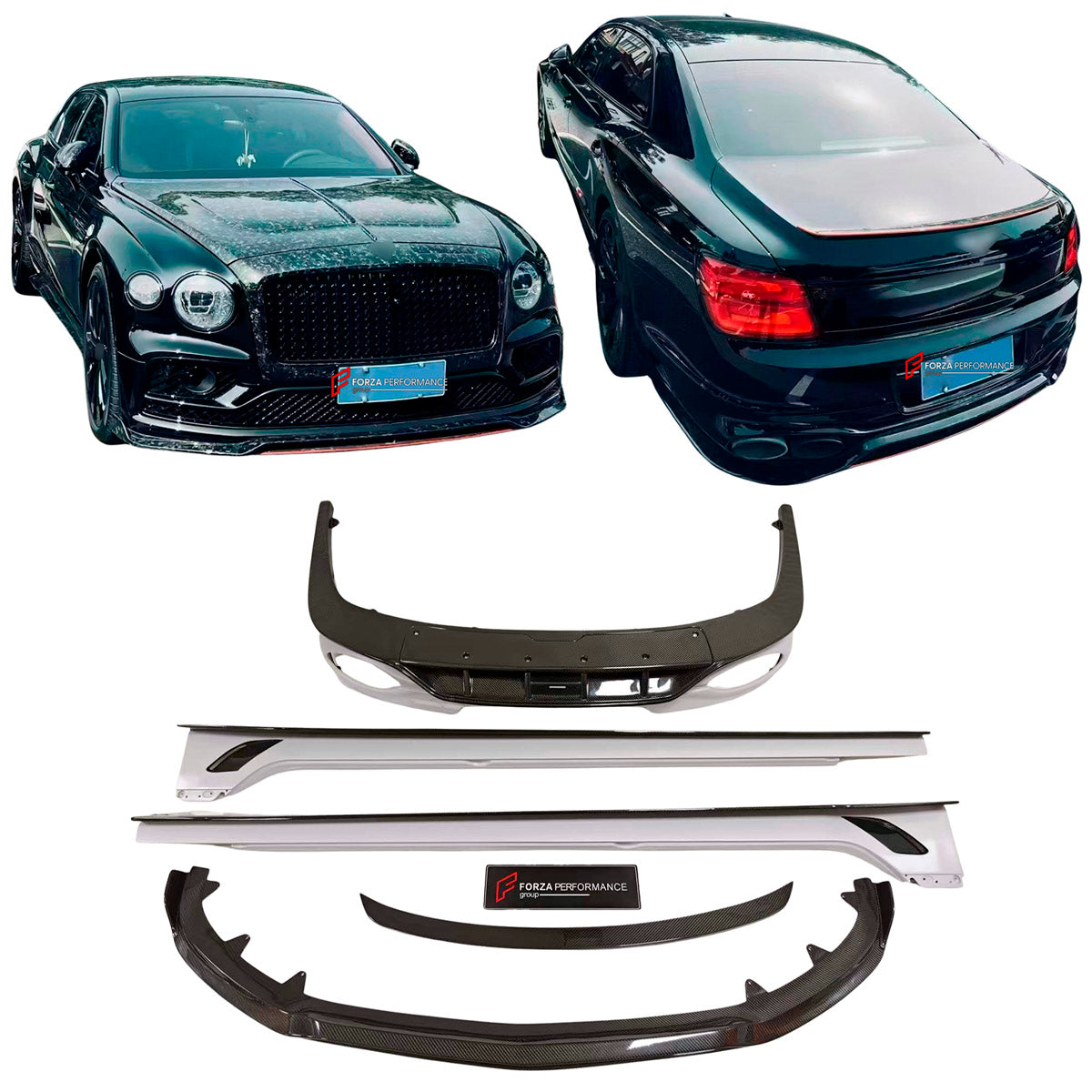 CARBON BODY KIT for BENTLEY FLYING SPUR 2020+

Set includes:
Hood Bonnet
Front Grille Frame
Front Lip
Side Skirts
Rear Diffuser
Side Mirror Covers
Material: Carbon Fiber

Note: Professional installation is required