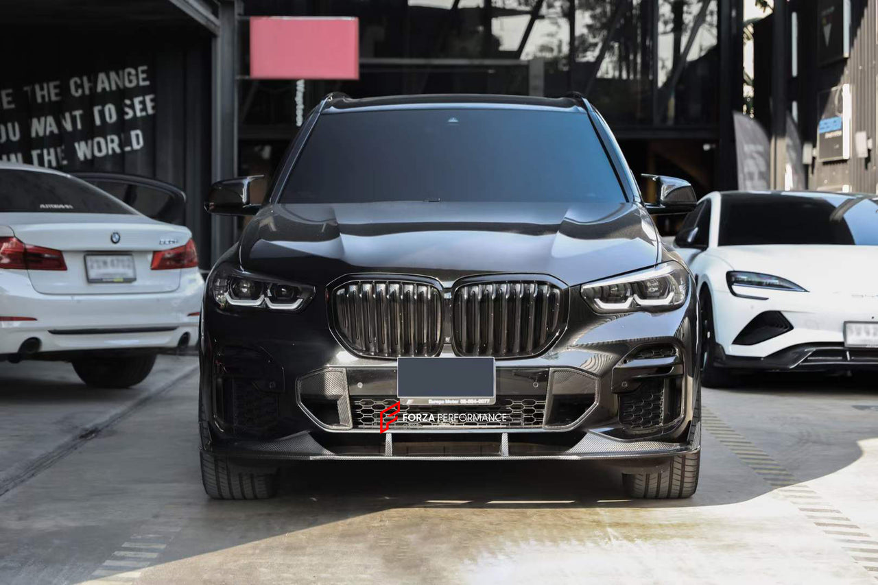 CARBON BODY KIT for BMW X5 G05 G18 2018 - 2023  Set includes:  Front Lip Front Air Vent Covers Side Mirror Covers Side Fender Air Vent Covers Roof Spoiler Rear Diffuser