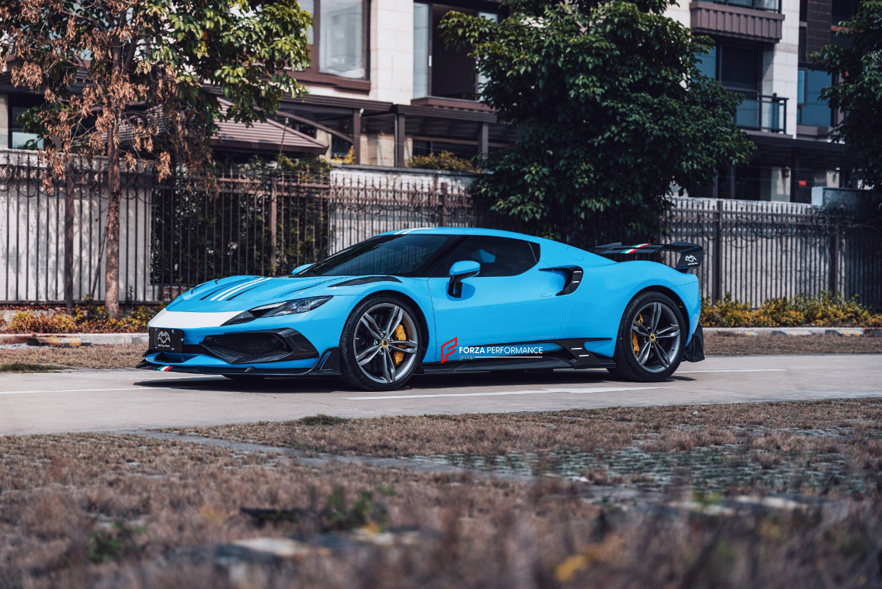 CARBON BODY KIT for FERRARI 296 GTB/GTS  Set includes: Front Lip Front Bumper Air Vent Covers Hood Panel Trim Fender Vents Side Skirts Side Air Vent Covers Engine Cover Rear Spoiler Rear Diffuser