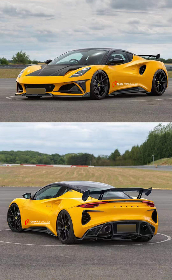 CARBON BODY KIT for LOTUS EMIRA  Set includes:  Front Lip Front Bumper Air Vent Covers Hood Side Skirts Rear Spoiler Rear Diffuser Rear Bumper Air Vent Covers