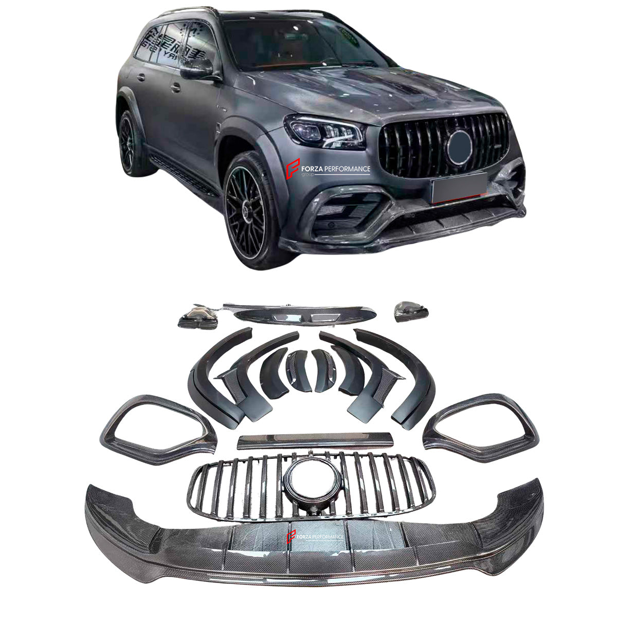 CARBON BODY KIT for MERCEDES-BENZ GLS63 AMG X167 2020+    Set includes:  Front Lip Front Bumper Air Vent Trims Front Grille Fender Flares Rear Spoiler Rear Diffuser Exhaust Tips