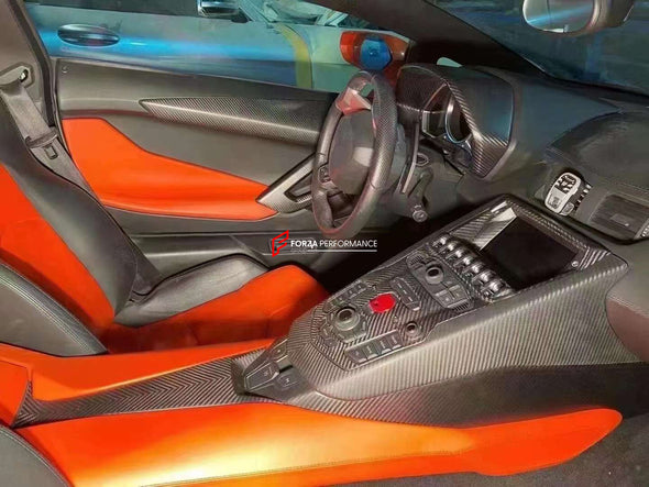 CARBON INTERIOR TRIM KIT COVERS for LAMBORGHINI HURACAN LP580 LP610 LP640 EVO 2014+  Set includes:  Dashboard Trim Cover Center Console Trim Cover Air Conditioning Covers Door Sills Shift Paddles